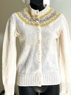 Vintage Aston Fair Island Design Shetland Wool Cardigan Made in Hong Kong Sm-Med